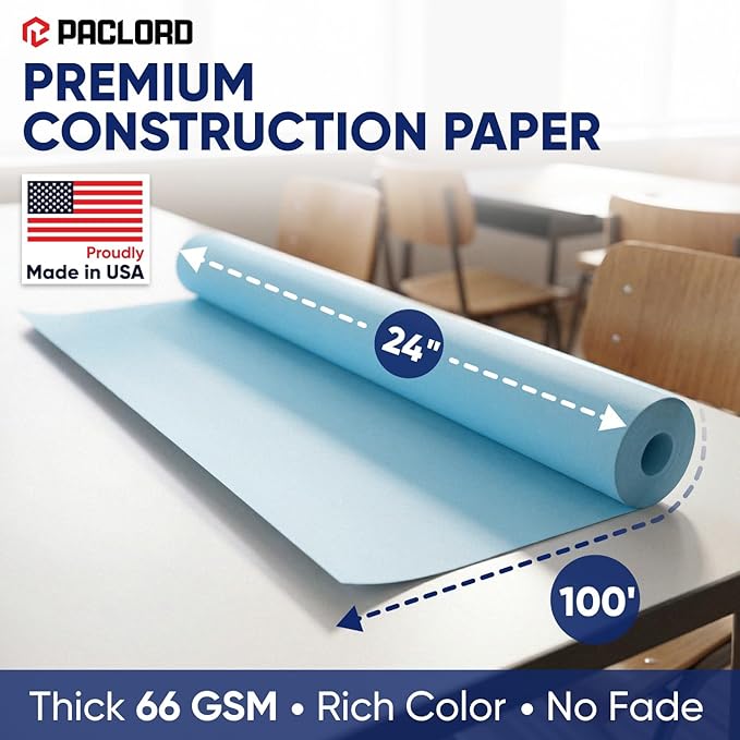 Light Blue Construction Paper Roll 24" x 100 ft – Made in USA – 24" Bulletin Board Paper for Classroom & School, Teachers & Kids