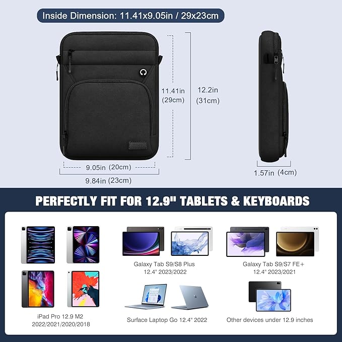 MoKo 13 Inch 360° Protective Tablet Sleeve Bag, Fits 13 Inch New iPad Pro M5 & Air M4 2026, iPad Pro 12.9", Galaxy Tab S9/S8 Plus 12.4", Multifunctional Bag with Shoulder and Headphone Port, Black