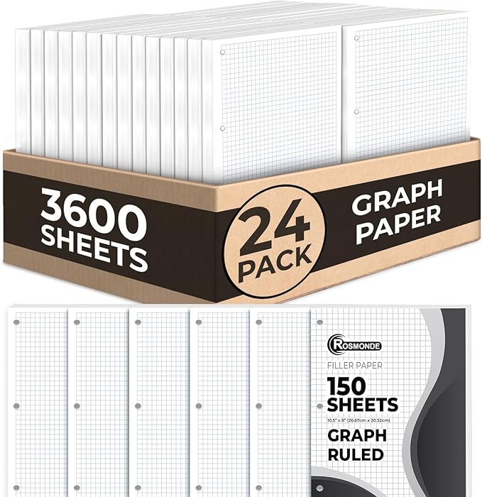 Rosmonde Loose Leaf Paper Bulk, 3600 Sheets, 24 Pack, Quad Ruled Sheets, 8" x 10.5", Bulk Notebook Papers, 3 Hole Punched, Graph Ruled Filler Paper for Binders, 150 Sheets/Pack, School Supplies, White