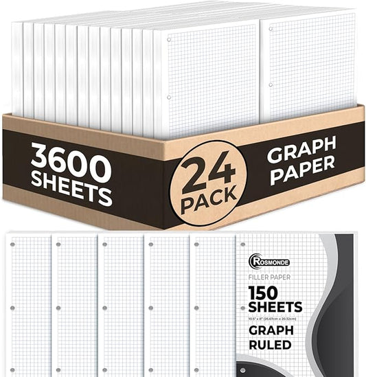 Rosmonde Loose Leaf Paper Bulk, 3600 Sheets, 24 Pack, Quad Ruled Sheets, 8" x 10.5", Bulk Notebook Papers, 3 Hole Punched, Graph Ruled Filler Paper for Binders, 150 Sheets/Pack, School Supplies, White