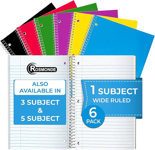 Rosmonde 1 Subject Notebook Wide Ruled, 6 Pack, 70 Sheets (140 Pages), 8 x 10-1/2, 3 Hole Punched Notebooks, Thick No-Bleed Paper, Sturdy Back, Wide Ruled Notebook for School & Office, Assorted Colors