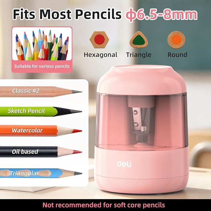 deli Electric Pencil Sharpener, Battery Operated, 6.5–8mm for Classroom