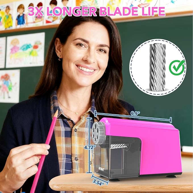 AFMAT Electric Pencil Sharpener for Classroom, 6 Holes, Cordless & Rechargeable, Super Fast, Auto Stop, 10K+ Uses, Heavy Duty Pencil Sharpener for 6-11mm No.2/Large/Colored Pencils PSD4(Pink)