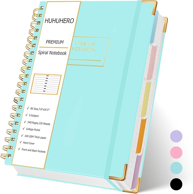 Huhuhero Lined Spiral Notebook Journal, 5 Subject Notebook with Dividers, 7.6" x 10.5", 240 Pages Hardcover Journals for Women Men Writing Work Note Taking, Office School Supplies (Green)