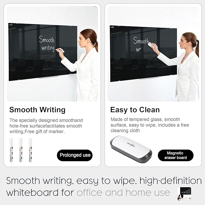 24 x 36 Magnetic Glass Blackboard, Frameless Glass Dry Erase Board for Wall, Home, Office, Classroom