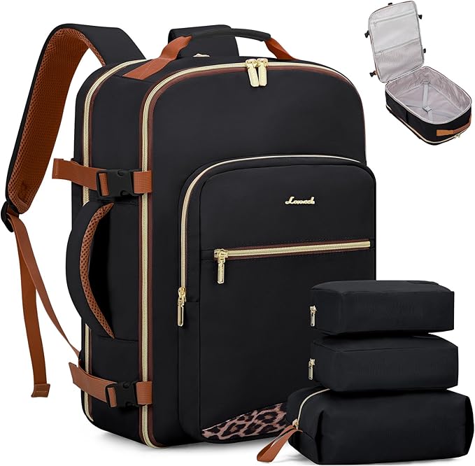 LOVEVOOK Travel Backpack for Women & Men 50L,Airline Approved Carry On Backpack Travel Essentials,TSA Carry on Luggage,Waterproof Personal Item Travel Bag Suitcase,3 Packing Cubes,Black-Leopard print