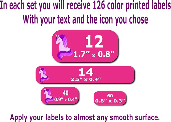 Waterproof Name Labels – Girls, Boys and Kids Icon Designs. 126 Custom Stickers for School, Daycare and Camp. Personalized Labels, Dishwasher and Microwave Safe, Machine Washable.