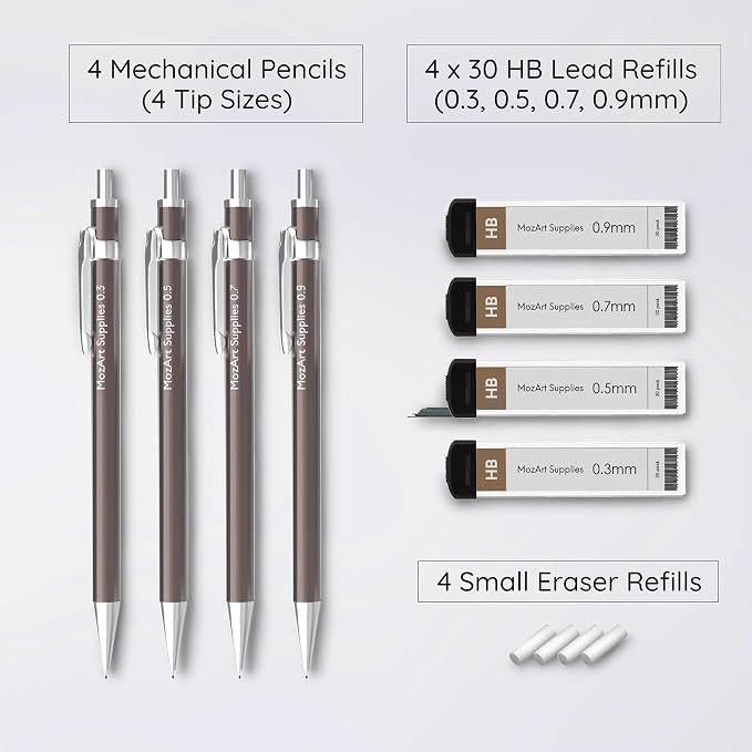 MozArt Mechanical Pencil Set 4 Sizes 0.3 0.5 0.7 0.9mm HB Lead Nickel | 30 HB Lead & Eraser Refills – Sketch, Drafting, Art & Drawing for Artists, Students & Architects – Nickel Metal Grip
