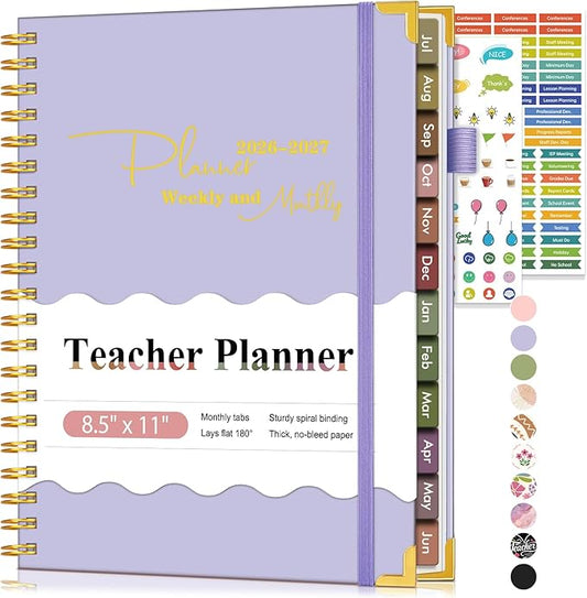 Teacher Planner 2026-2027, July 2026 - June 2027, Academic Weekly & Monthly Calendar Planner with Tabs, 8.5" x 11" A4 Teacher Lesson Plan Book with 7 Periods, Daily Agenda School Organizer for Teacher Student Homeschool Purple