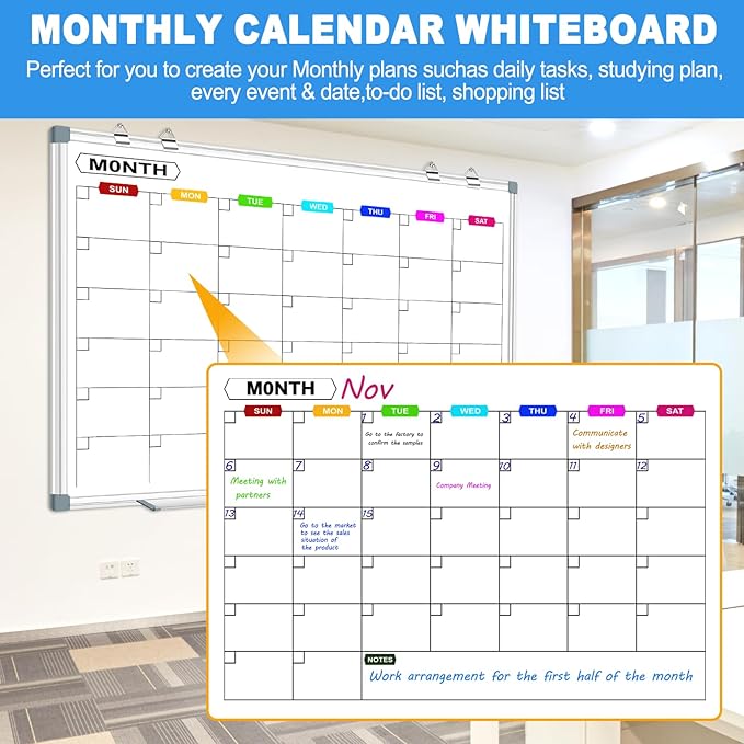 Big Magnetic Whiteboard for Wall Calendar Dry Erase Board 60 X 40 Inch, Monthly Dry Erase Board Calendar Whiteboard for Wall Mounted, Dry Erase Boards for Wall Planning Board Bulletin Board