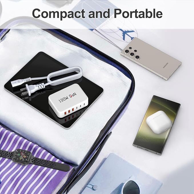 [2026 Upadated] 130W Charging Station 6-Port Type C Fast Charger Block Charging Station Multiport Adpater for iPhone 17/16/15/14/13/Pro Max/Plus iPad mini/Pro Galaxy S26/S25 5ft Power Cord- White