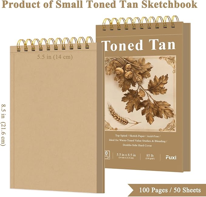 Fuxi Toned Tan Sketchbook, 2-Pack - 5.5" x 8.5" | 85lb/130gsm Toned Paper, 50 Sheets Per Pad.
