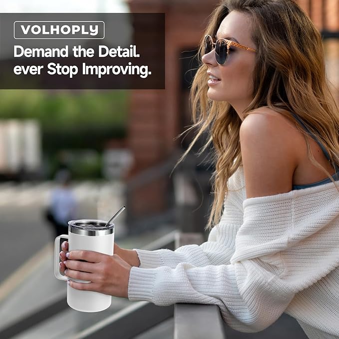 Volhoply 22oz Insulated Stainless Steel Coffee Mug with Leakproof Lid,Double Wall Vacuum Travel Coffee Cup with Handle,Reusable Metal Tumbler,Camping Mugs Keep Hot&Cold(White,1)