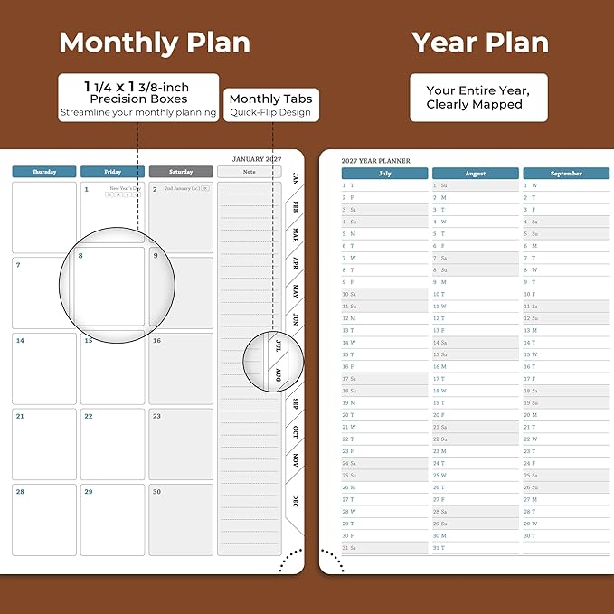 Weekly Monthly 2026-2027 Planner (July 26-Dec 27),8.5"x6.5",18 Months Agenda Plan with Month Tabs & Pocket,Expenses/Note Pages, Academic Calendar with Vegan Leather Cover,Brown