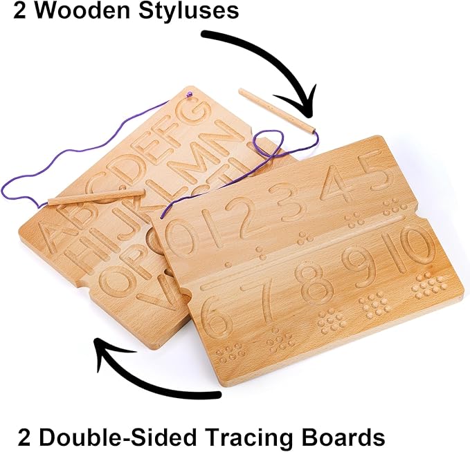 Number & Letter Tracing Board, Portable Wooden Alphabet Learning Sensory Pad Board Montessori Toys for Kids Age 3-5, Double Sided Writing Tools for Beginner Preschool Classroom 3+ Years Old