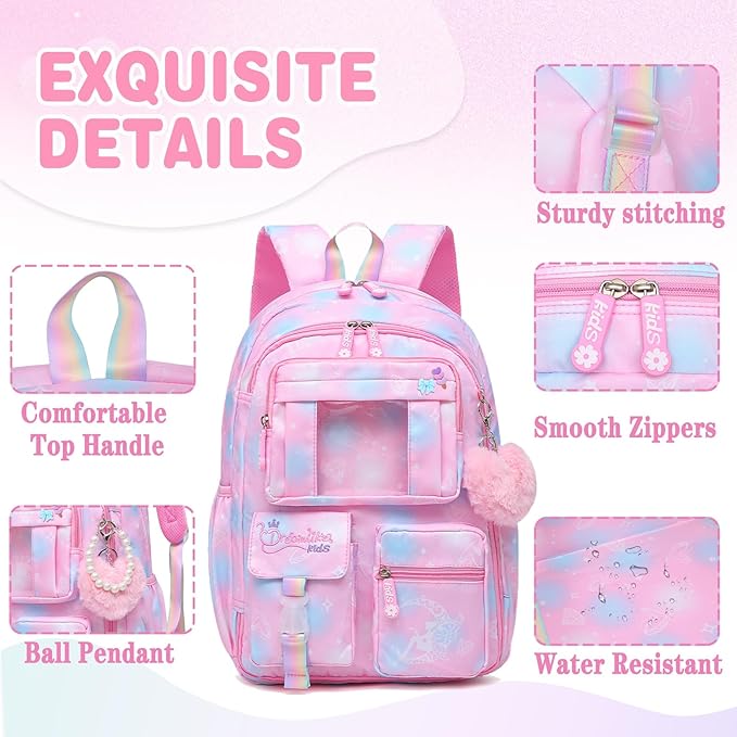 Alrisg Girls Backpack for Kids Elementary Middle School Cute Student Bookbag School Bag Pink