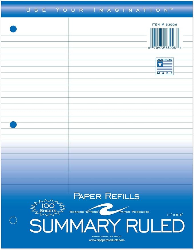 Roaring Spring Loose Leaf Law Paper, Case of 48 Packs, 100 Sheets Per Pack, 8"x10.5" White 15# Law/College Ruled Notebook Filler Paper With Margin, 3-hole Punched, Proudly Made in the USA