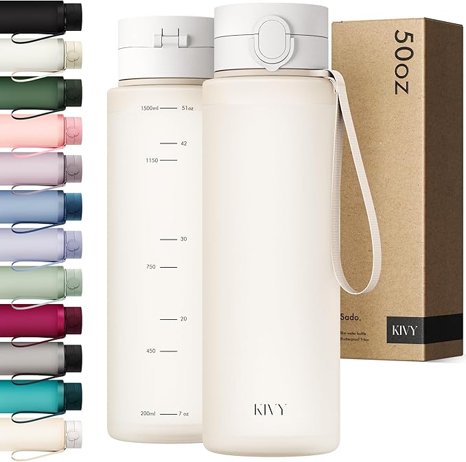 KIVY Slim Water Bottle 50oz with Leakproof Flip Lid [Lightweight & Shatterproof] for Travel, Sports, School - Extra large water bottle no straw - 1.5 Liter water bottles