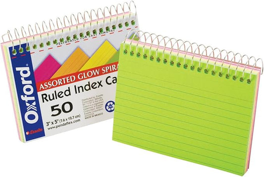 Oxford Spiral Bound Glow Index Cards, 3" x 5", Ruled, Assorted Bright Colors, 50 Cards per Book (40281)