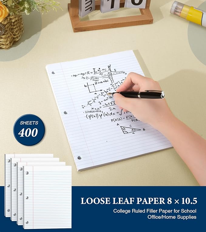 400 Sheets College Ruled Loose Leaf Paper, 3 Hole Punch Paper 8 x 10.5, Notebook Paper, 8 * 10.5 Filler Paper for 3 Ring Binders, Lined Paper College Ruled, Writing Paper With Lines