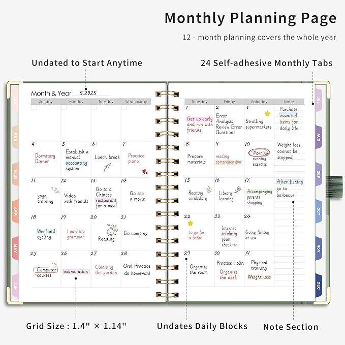 RETTACY Undated Planner, Weekly and Monthly, 53 Weeks and 12 Months, Medium Size (5.7" x 8.3"), 24 Self-adhesive Monthly Tabs, Hardcover, 100 GSM Thick Paper, Spiral-bound (Light Green)