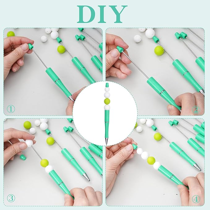 jiebor 30Pcs Beadable Pens Plastic Bead Ballpoint DIY Cute Cool Pens Black Ink for Women Men Bridal Graduation Gift Office Supplies Light Green