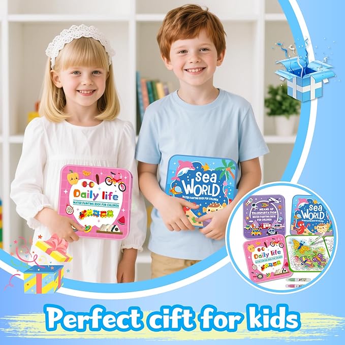 Water Painting Book for Kids - 4 Pack Magic Water Coloring Book with Water Pen Themes - Mess Free Water Art Book for Toddlers,No Mess Paint Coloring & Reusable Fun for Ages 3+ Travel Activity Toys