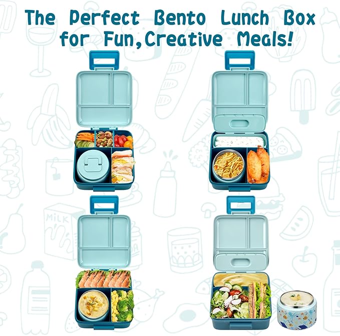 JXXM Bento Lunch Box for Kids with 8oz Soup Thermo,Leak-Proof Lunch Containers with 5 Compartment,Thermo Food Jar Food Containers for School (Blue-Octopus)