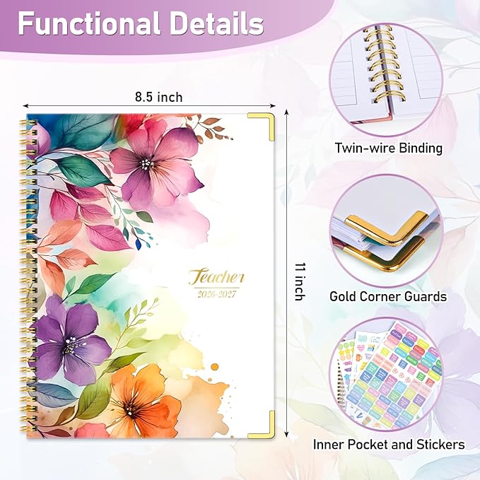 Teacher Planner 2026-2027, Jul 2026-Jun 2027 Academic Year, 8.5" x 11" Lesson Planner Book for Teacher Calendar, Spiral Bound Planners, Colorful Monthly Tabs, Planning Stickers, Flower
