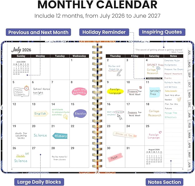 Planner 2026-2027, Academic Planner Weekly and Monthly, Jul 2026 - Jun 2027, Spiral Bound School Planning Tool with Tabs and Pocket, Perfect for Students & Teacher, 6.3" x 8.5", Jellyfish Waltz