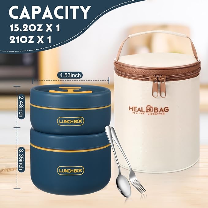 Dandat 2 Pcs Portable Insulated Lunch Containers Thermal Bento Box with Bag Fork Knife Microwavable Stainless Steel Lunch Box 15.2 oz 21 oz Separate Stackable Food Jar for Adult Men Women(Navy Blue)