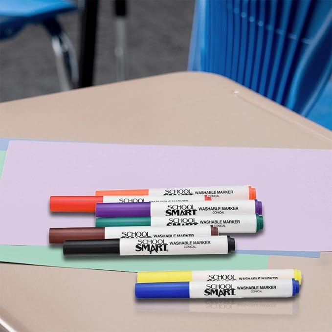 School Smart Conical Tip Washable Markers for School, Home, and More, Assorted Colors, Pack of 8