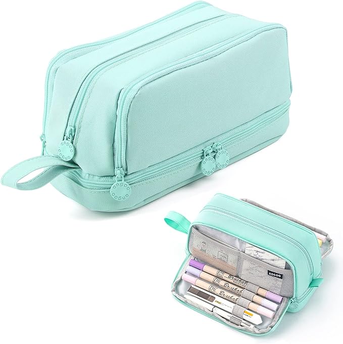 Large Capacity Pencil Case 4 Compartments, Pencil Pouch Bag with Zipper Portable Handle, Pen Case Bag Stationery Organizer for Office College School Adults Teen Girls Boys Men Women, Light Green