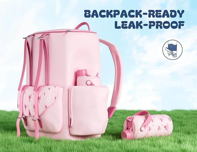 12 oz Insulated Water Bottle for Girls: 2-in-1 Straw Spout Lid, Leakproof, BPA-Free, Easy Carry, Keep Cold 24H, Cute Patterns, Kids Stainless Steel Cup for School, Travel, Holiday Gift (Bow Crush)