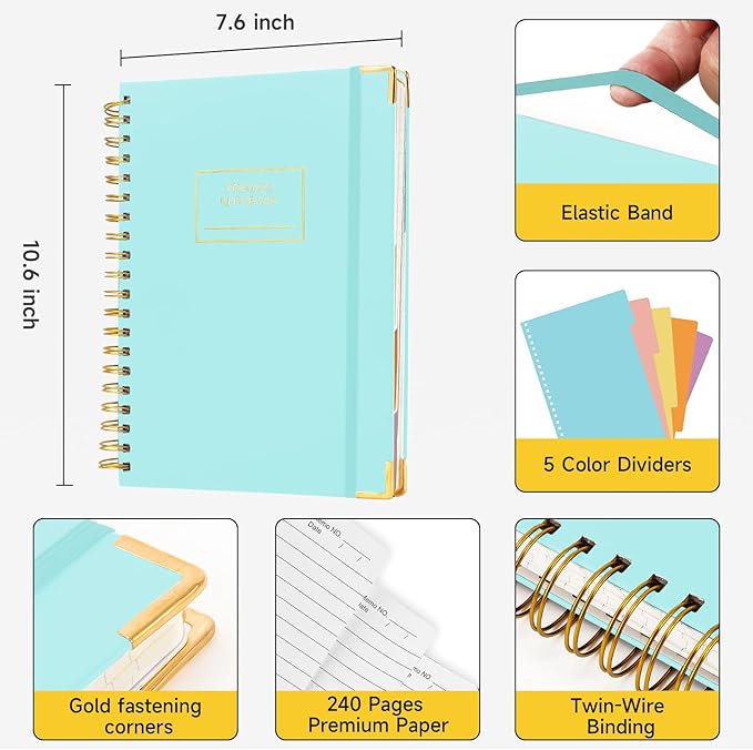 Huhuhero Lined Spiral Notebook Journal, 5 Subject Notebook with Dividers, 7.6" x 10.5", 240 Pages Hardcover Journals for Women Men Writing Work Note Taking, Office School Supplies (Green)