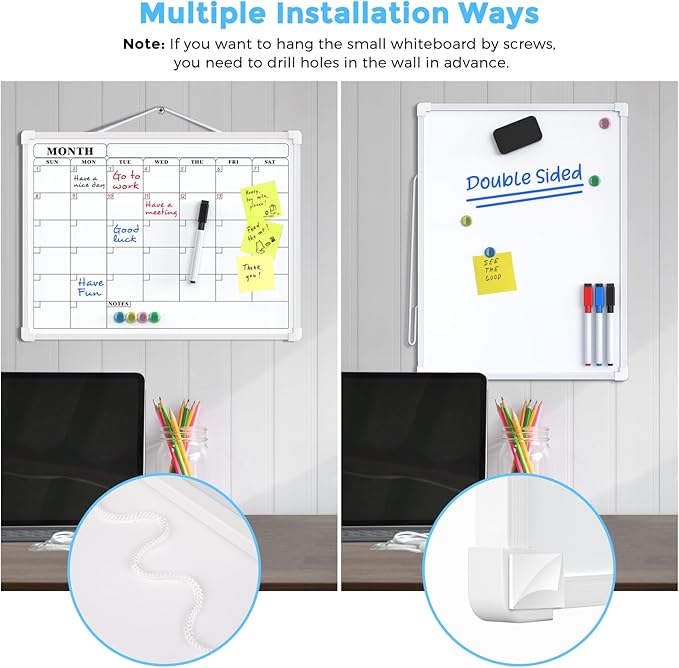 MaxGear Monthly Calendar Dry Erase Board for Wall, 16"x12" Small Hanging Double-Sided White Board, Portable Whiteboard for Planning, Drawing, Memo, to Do List, School, Home, Kitchen, Office