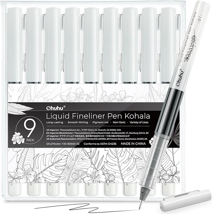 Ohuhu Liquid Fineliner Drawing Pens: 9 Sizes Micro Pens Drawing Pens Pigment Black Ink Water-proof Alcohol-proof Assorted Point Tips Smooth Writing Sketching Journaling Anime Artist Beginners - Kohala