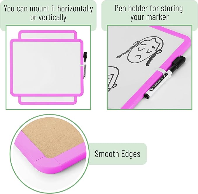 Mr. Pen- Dry Erase Board, 14” x 11” with a Black Dry Erase Marker, Orchid Frame, Small Mini White Board for Students, Fridge, Wall, Locker, Includes Double Sided Tapes