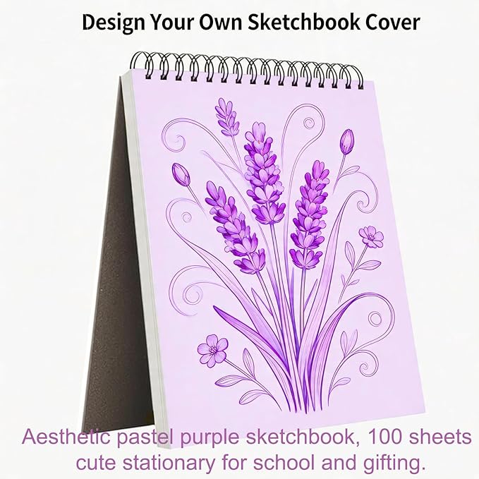 Soucolor 9" x 12" Aesthetic Sketch Book, 1-Pack 100 Sheets School Supplies Cute Sketchbook for Women, Japanese Stationary Sketching Supplies for Kids Teen Girl Gifts Birthday Gifts, Pastel Purple