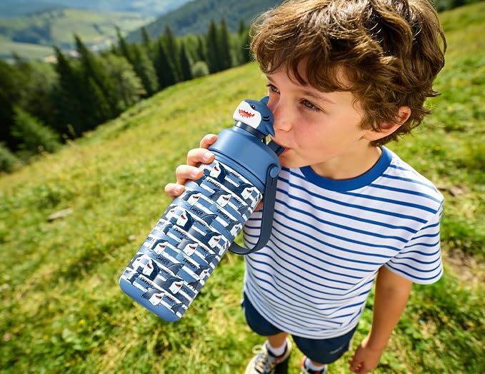 POWCAN 18 oz Insulated Water Bottle for School: 2-in-1 Straw Spout Lid with Soft Animal Head, Leakproof, BPA-Free, Keep Cold 24H, Easy Carry, Stainless Steel Cup for Kids, Boys, Girls (Baby Shark)