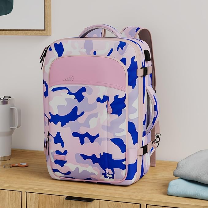 Lumesner Carry on Travel Backpacks, Extra Large 40L Flight Approved for Men & Women,Expandable Suitcase backpack (Camouflage Pink(Backpack With 4 Packing Cubes))
