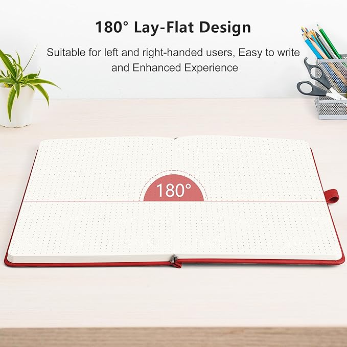 RETTACY Dotted Journal Notebook, 256 Pages, A5 Medium Size (5.7'' × 8.3''), Leather Hardcover, 120 GSM Thick Paper, for Journaling, Planning, Tracking (Red)