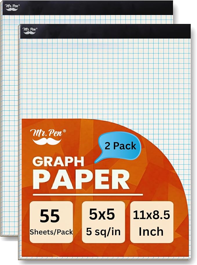 Mr. Pen- Graph Paper pads 8.5 x 11 Inches, 2 Pack, 55 Sheets/Pack, 5x5 (5 Squares Per Inch), Blueprint Grid Paper Pads 8.5 x 11, Math Notebook
