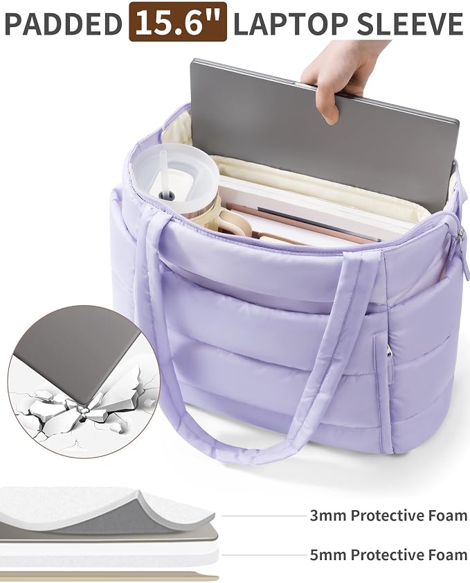 Bagstellar Puffer Tote Bag for Women, Lightweight Puffy Work Handbag Teacher Nurse Quilted Shoulder Bag for School Travel Gym | Cloud Bag w/ Zipper