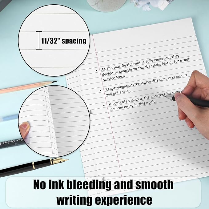 Koogel White Filler Paper, 3 Hole Punched, 100 Sheets Loose Leaf Wide Ruled Lined Notebook Paper, 8" x 10-1/2" Filler for Notebooks, School Office Writing Supplies, Fights Ink Bleed, White