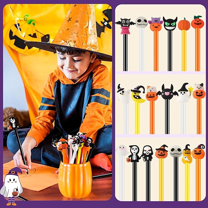 SANNIX 50 Pieces Halloween Pens, Fun Cartoon Pumpkin Ghost Skull Bat Gel Ink RollerBall Pens for Kids Gift School Class Birthday Party Supplies Halloween Party Favors