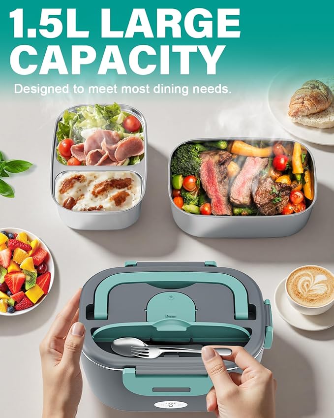 Geveniss Electric Lunch Box for Adults, Heated Lunch Box for Car and Truck, Portable Food Warmer for Office Work, 80W Fast Heating, Dual Removable 1.5L Stainless Steel Containers
