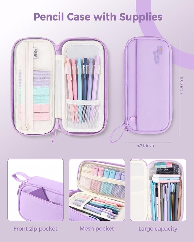 Four Candies 56 PCS School Supplies with Cute Pencil Case (Light Purple) | 6 Multicolor Pens, 12 Pastel Highlighters, 5 Black Gel Pens, 9 Mechanical Pencils, Student Stationery Set College Essentials