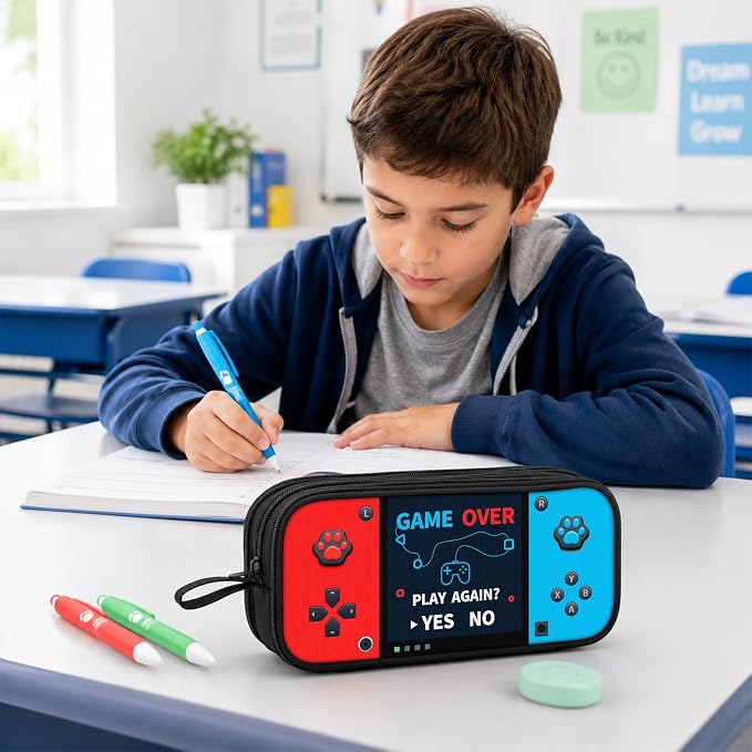 Game Controller Pencil Case for Boys Kids Teens, Large Capacity Pencil Pouch with 3 Compartments, 7 Pockets and Label Pocket for School College Office Travel (Red & Blue)