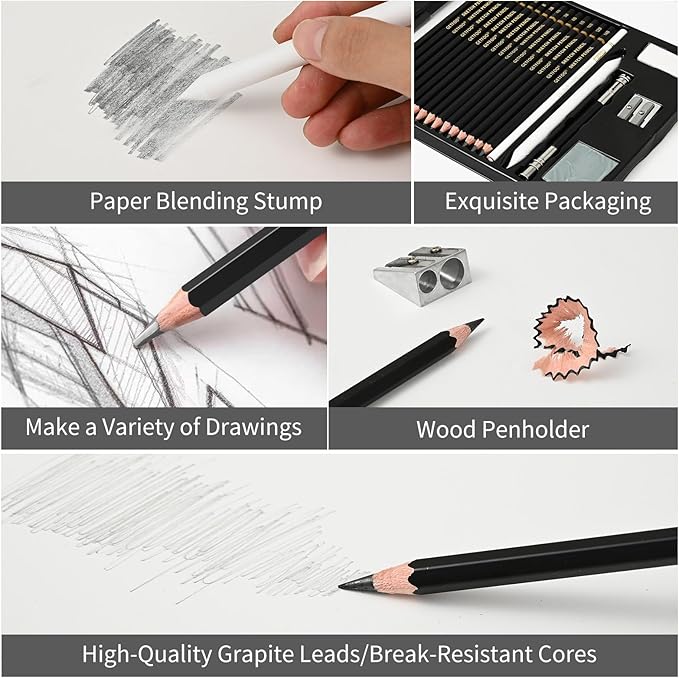 Drawing Sketching Pencil Set 21 Pack Art Pencil Kit with Graphite Pencils (14B-5H), Charcoal Pencil, Ideal for Shading, Blending, Drawing Set for Beginners & Pro Artists